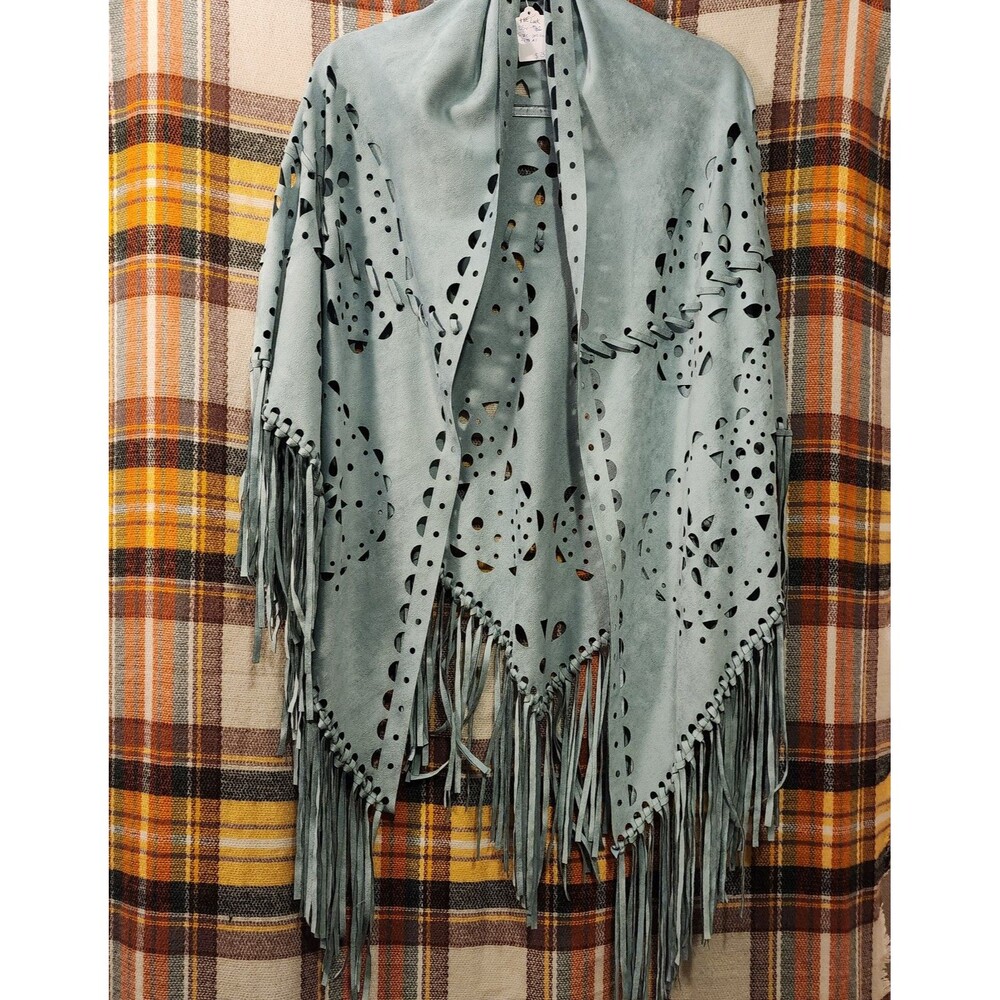 The Look Laser Cut Fringe Suede Cape Shawl.